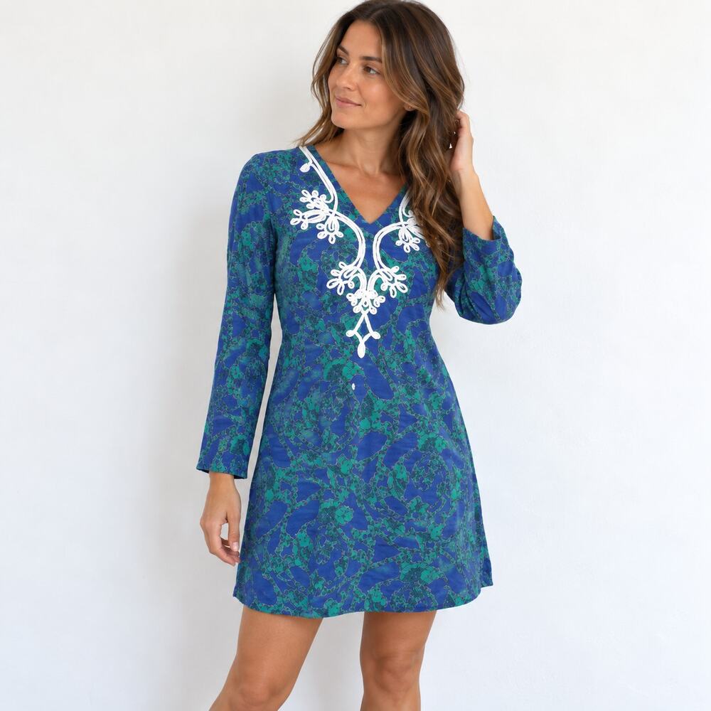 Lilly Pulitzer XS Blue Green Floral Tunic Top White Embroidered Cotton Peru